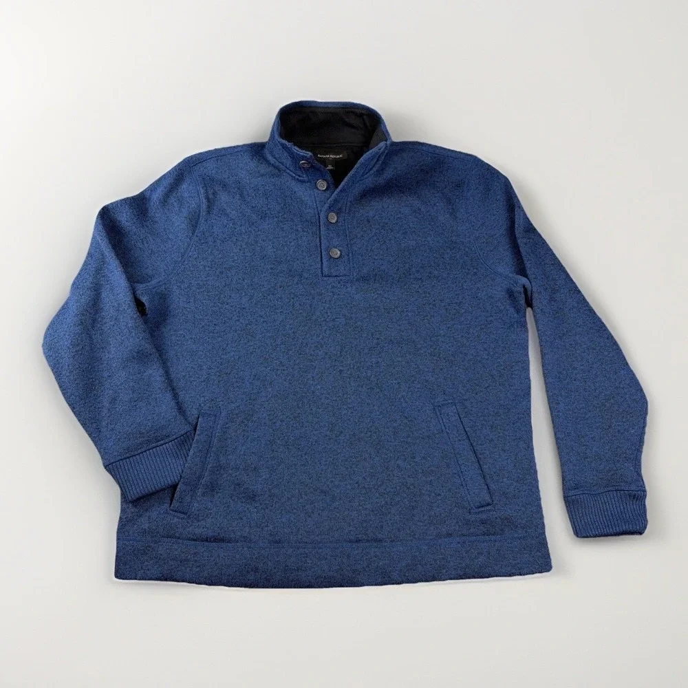 Banana Republic Pullover Mens XL Blue Marled Button Mock Neck Sweater Pockets